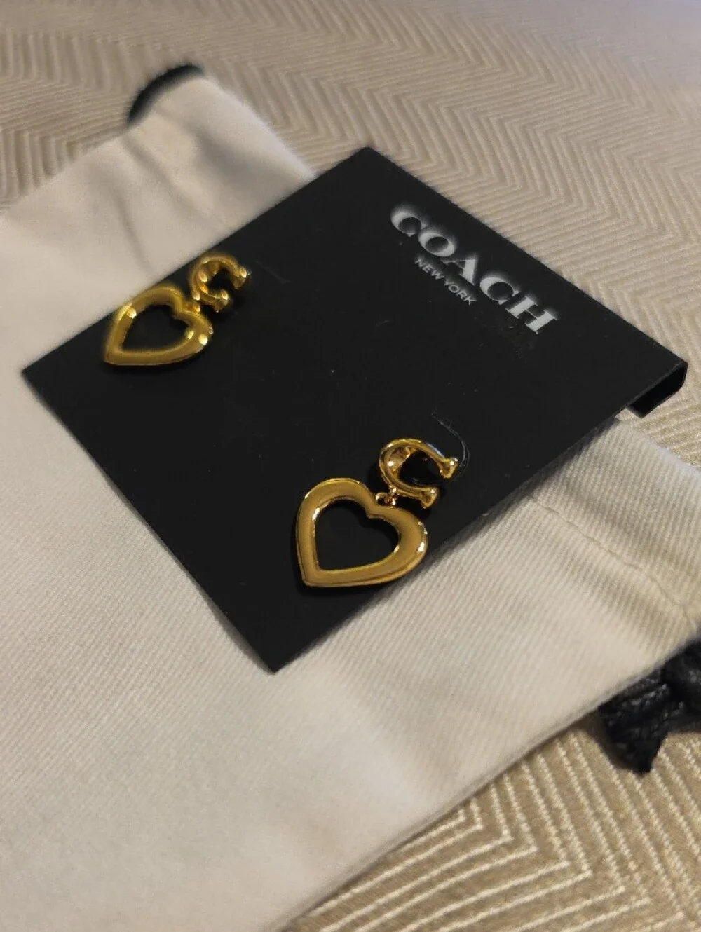 Coach Gold Heart Drop Earrings with Signature C Motif